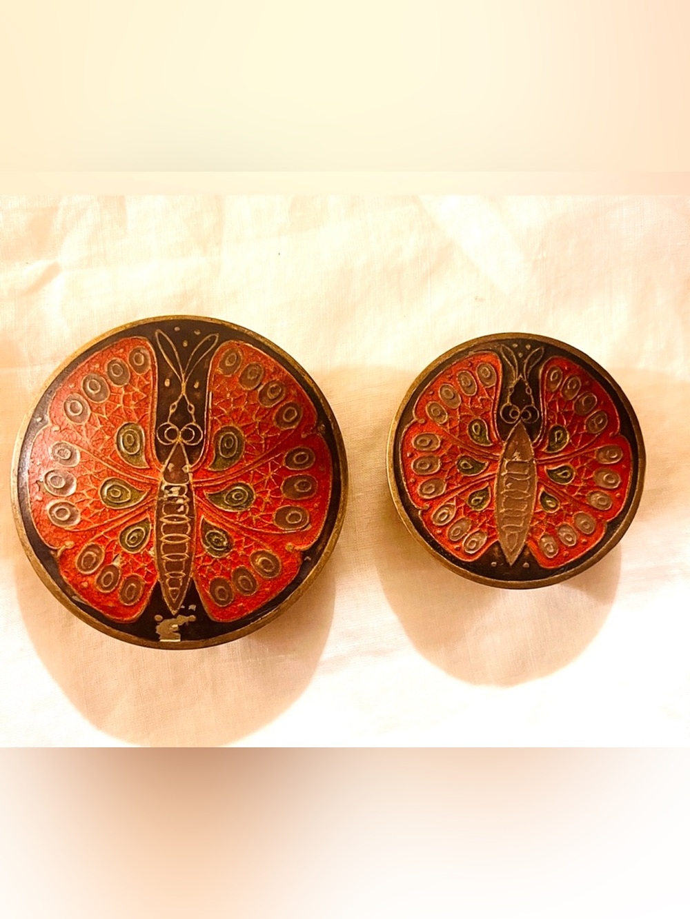 Vintage Indian Meenakari brass and enamel nesting boxes w/ Butterfly Design
